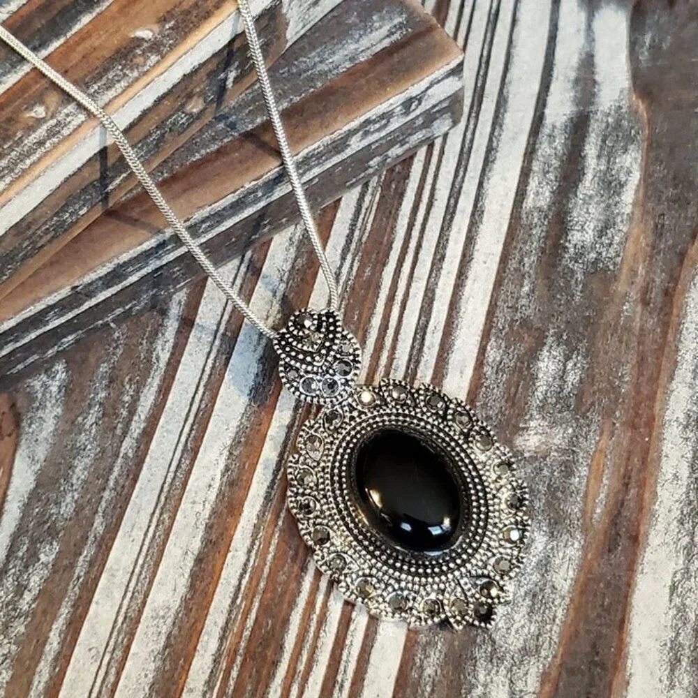 Victorian Style Necklace Silver Black Onyx